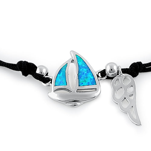 Sterling Silver Winged  Blue Lab Opal Sail Boat Adjustable Silk Bracelet