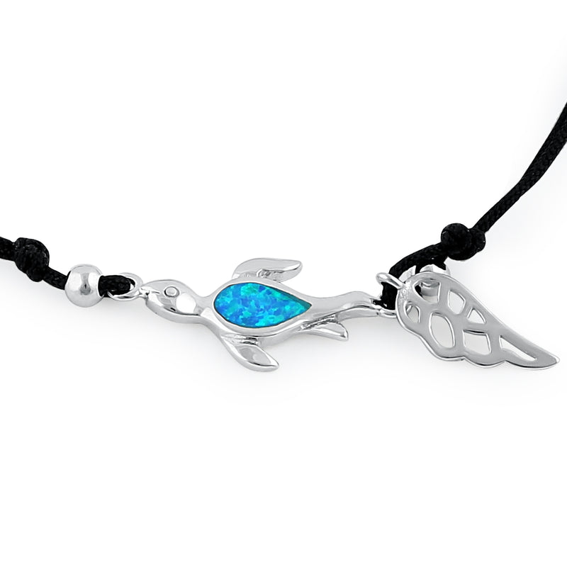 Sterling Silver Winged Blue Lab Opal Flatback Sea Turtle  Adjustable Silk Bracelet