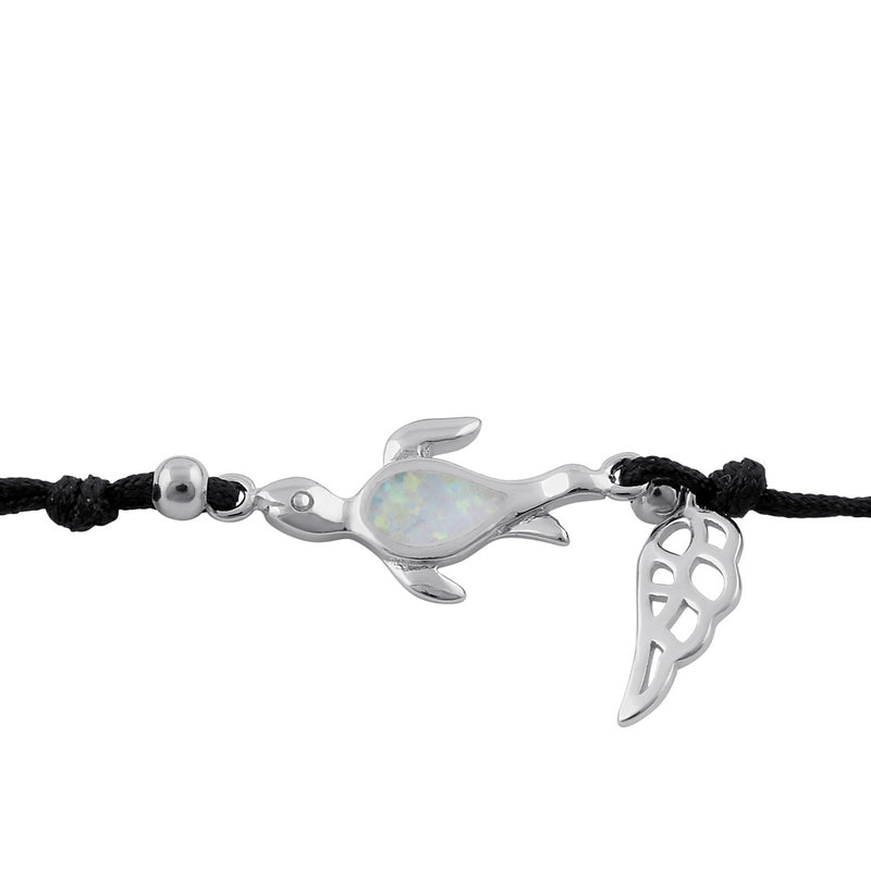 Sterling Silver Winged White Lab Opal Flatback Sea Turtle Adjustable Silk Bracelet