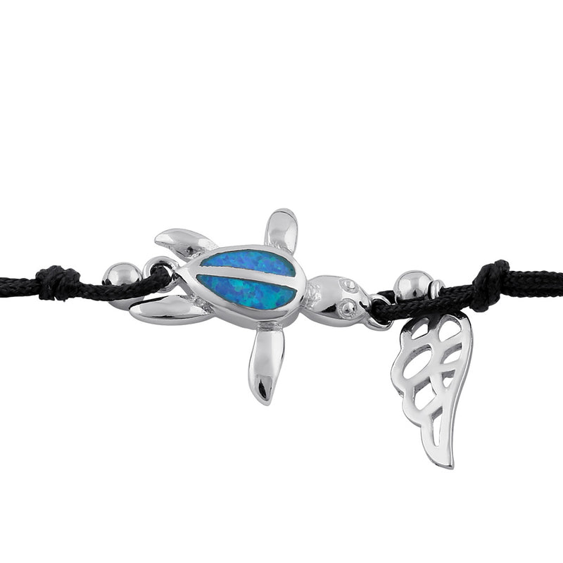 Sterling Silver Winged Blue Lab Opal Sea Turtle Adjustable Silk Bracelet