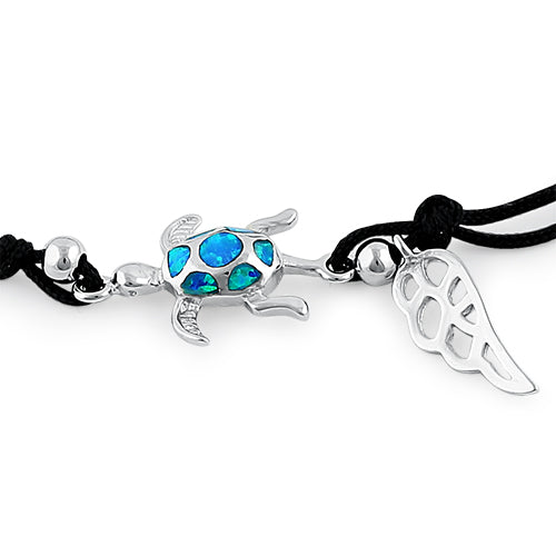 Sterling Silver Winged Blue Lab Opal Turtle Adjustable Silk Bracelet