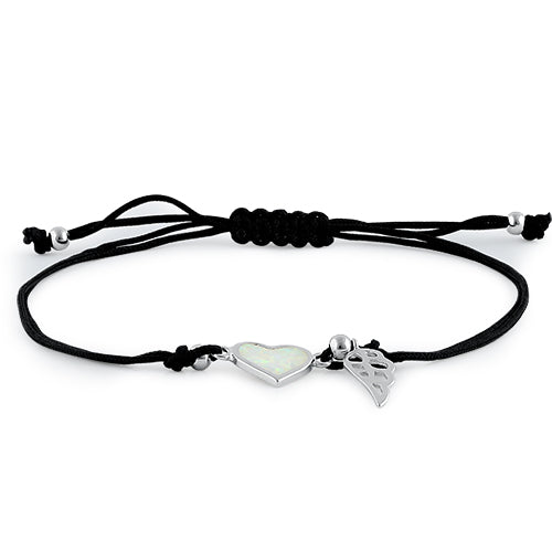 Sterling Silver Winged  White Lab Opal Heart Adjustable Silk Bracelet