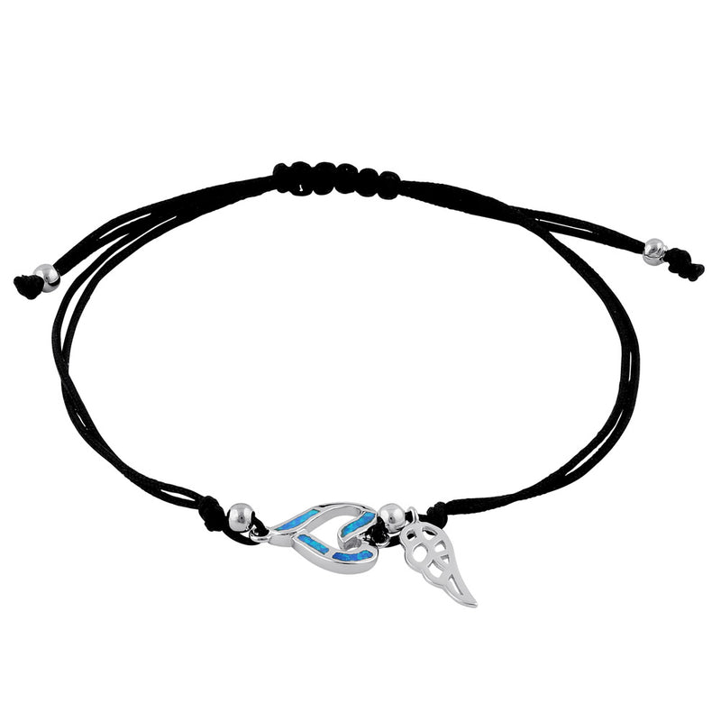 Sterling Silver Winged Blue Lab Opal Open Heart Adjustable Silk Bracelet