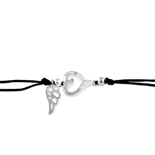 Sterling Silver Winged Mother of Pearl Open Heart Adjustable Silk Bracelet