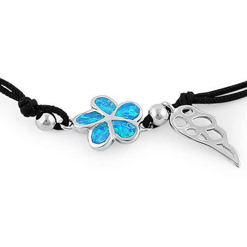 Sterling Silver Winged Blue Lab Opal Plumeria Adjustable Silk Bracelet