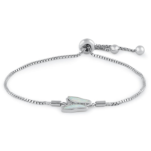 Sterling Silver Adjustable Butterfly White Lab Opal & Clear CZ Box Chain Bracelet