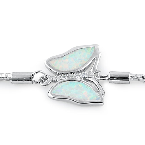Sterling Silver Adjustable Butterfly White Lab Opal & Clear CZ Box Chain Bracelet