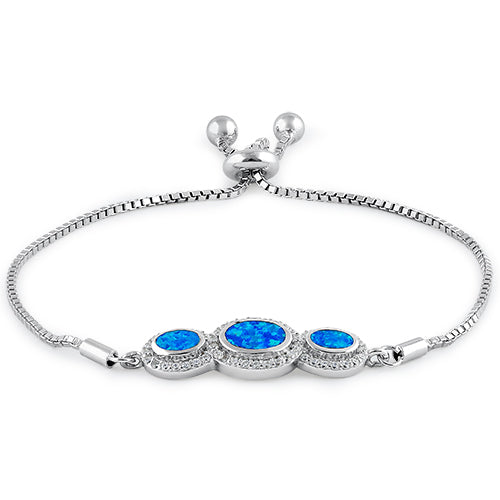 Sterling Silver Adjustable Triple Oval Blue Lab Opal & Clear CZ Box Chain Bracelet