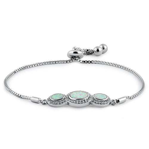 Sterling Silver Adjustable Triple Oval White Lab Opal & Clear CZ Box Chain Bracelet