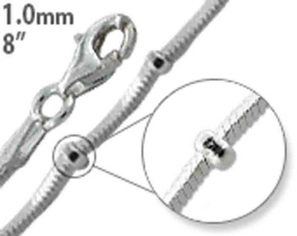 Sterling Silver 8" Square Snake Beaded Chain Bracelet - 1.0MM