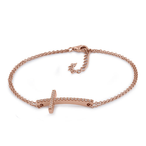 Sterling Silver Rose Gold Plated Clear CZ Cross Bracelet