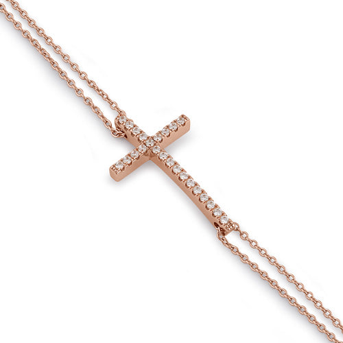 Sterling Silver Rose Gold Plated Clear CZ Cross Bracelet