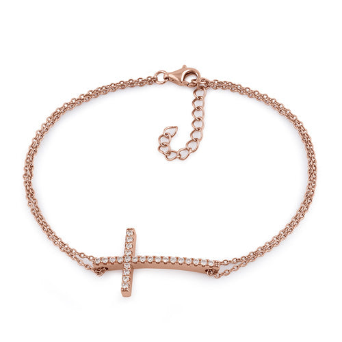 Sterling Silver Rose Gold Plated Clear CZ Cross Bracelet