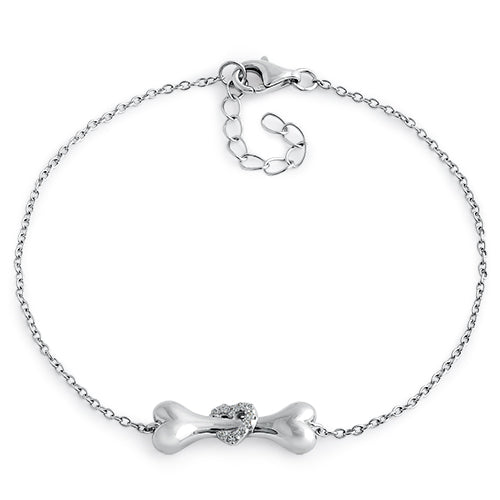 Sterling Silver Dog Bone Clear Heart CZ Bracelet