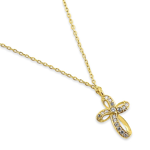 Solid 14K Yellow Gold Ribbon Cross CZ Necklace