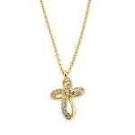 Solid 14K Yellow Gold Ribbon Cross CZ Necklace