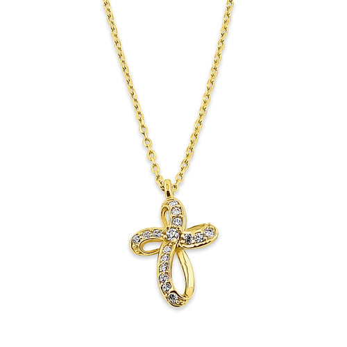 Solid 14K Yellow Gold Ribbon Cross CZ Necklace