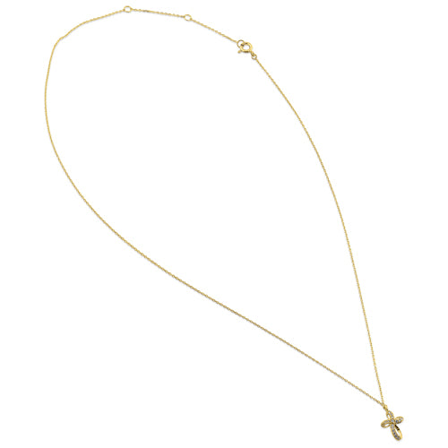 Solid 14K Yellow Gold Ribbon Cross CZ Necklace