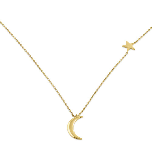 Solid 14K Yellow Gold Crescent Moon & Star Necklace