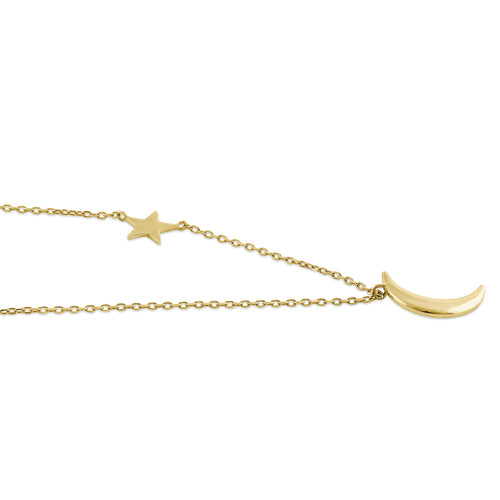 Solid 14K Yellow Gold Crescent Moon & Star Necklace