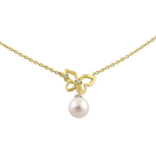 Solid 14K Yellow Gold Butterfly Pearl Diamond Necklace