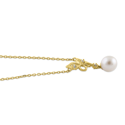 Solid 14K Yellow Gold Butterfly Pearl Diamond Necklace