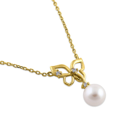 Solid 14K Yellow Gold Butterfly Pearl Diamond Necklace