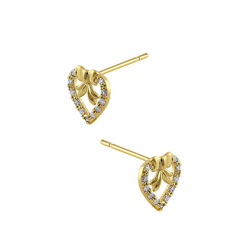 Solid 14K Yellow Gold Ribbon & Heart Diamond Earrings