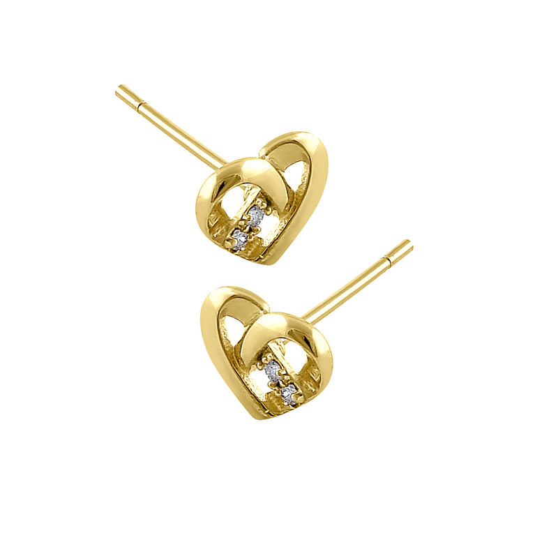 Solid 14K Yellow Gold Simple Overlap Heart Diamond Earrings
