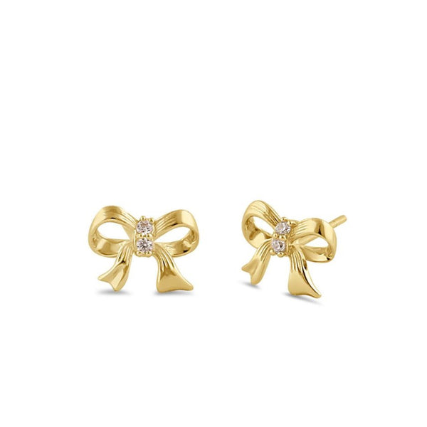 Solid 14K Gold Ribbon Bow Diamond Earrings