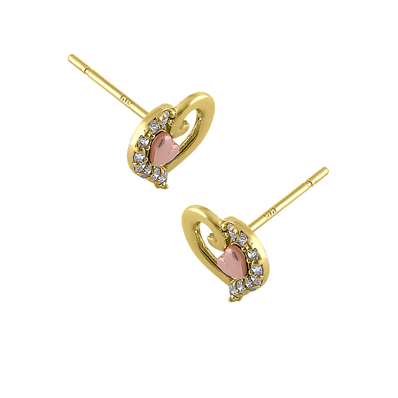 Solid 14K Yellow Gold & Rose Gold Plating Heart Diamond Earrings