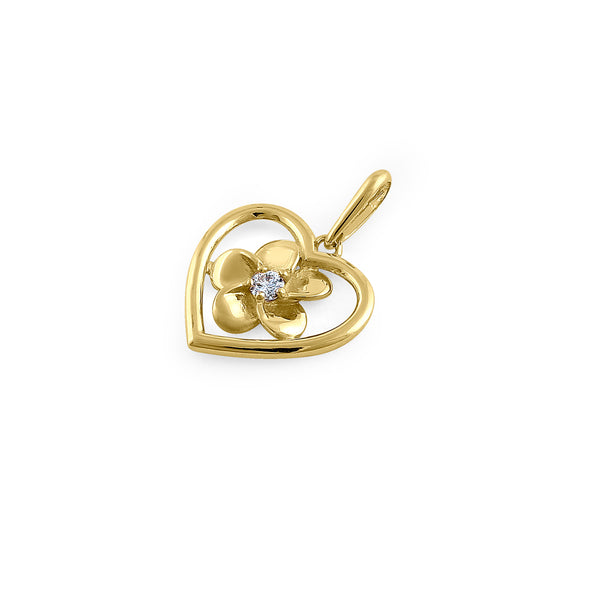 Solid 14K Yellow Gold Plumeria Heart Diamond Pendant