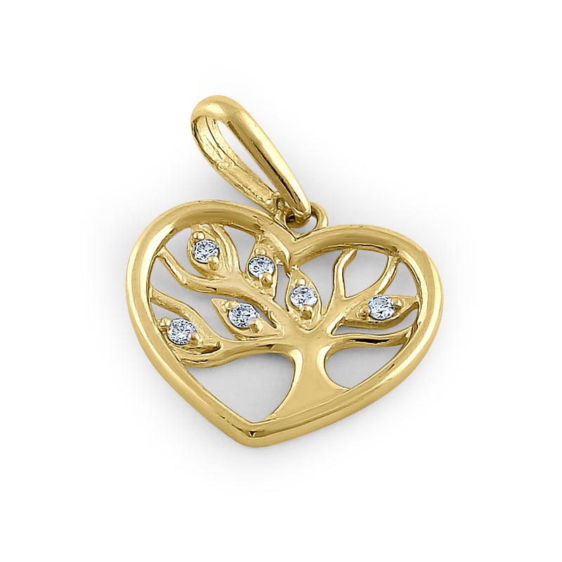 Solid 14K Yellow Gold Tree of Life Heart Diamond Pendant