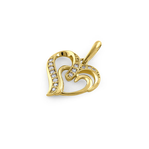 Solid 14K Yellow Gold Double Heart Diamond Pendant