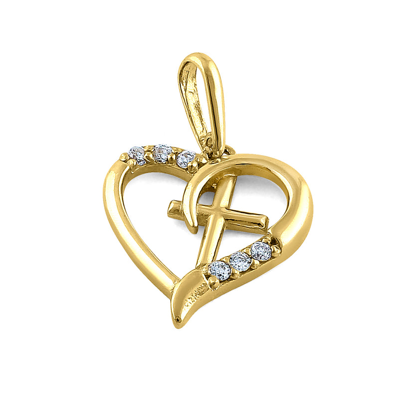 Solid 14K Yellow Gold Heart & Cross Diamond Pendant
