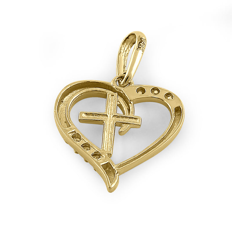 Solid 14K Yellow Gold Heart & Cross Diamond Pendant