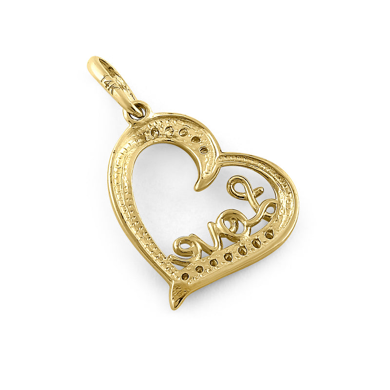 Solid 14K Yellow Gold Love & Heart Diamond Pendant