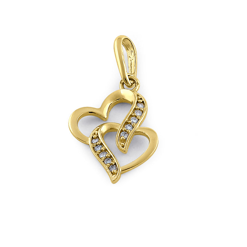 Solid 14K Yellow Gold Double Stack Heart Diamond Pendant