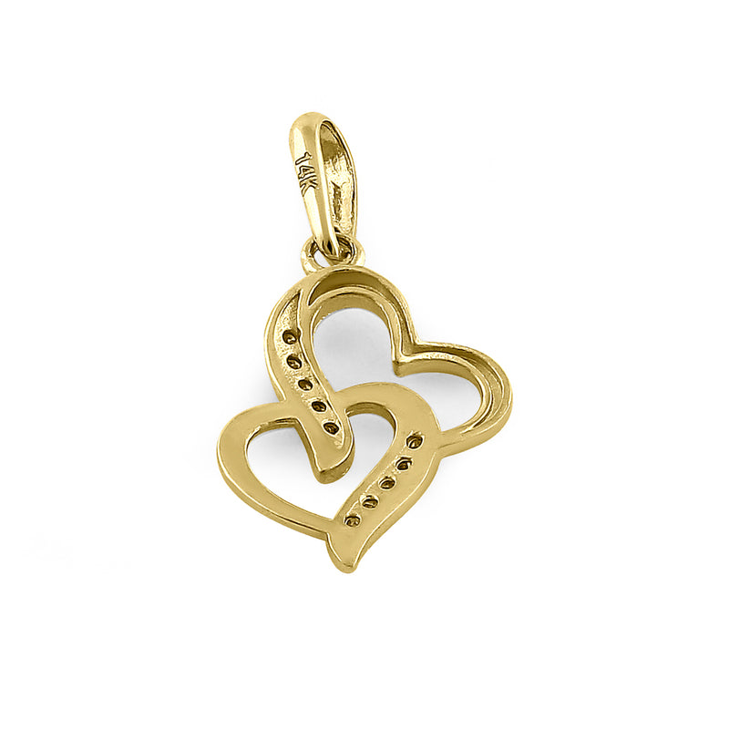 Solid 14K Yellow Gold Double Stack Heart Diamond Pendant