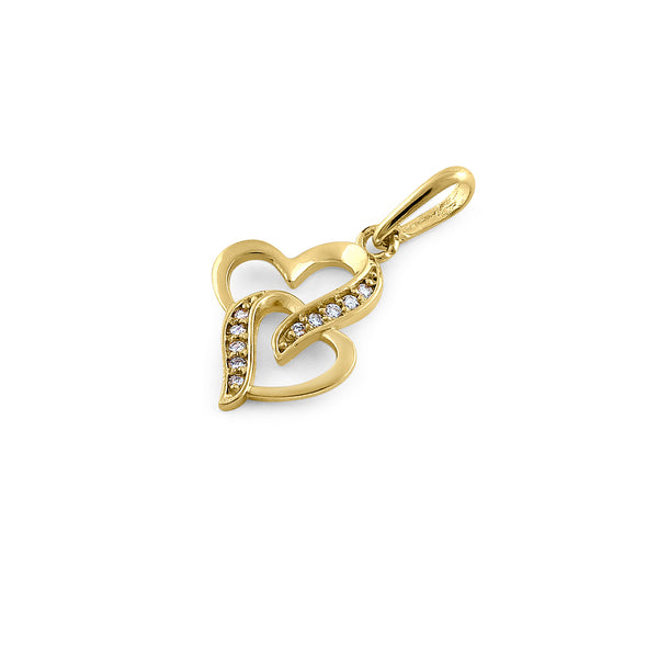 Solid 14K Yellow Gold Double Stack Heart Diamond Pendant
