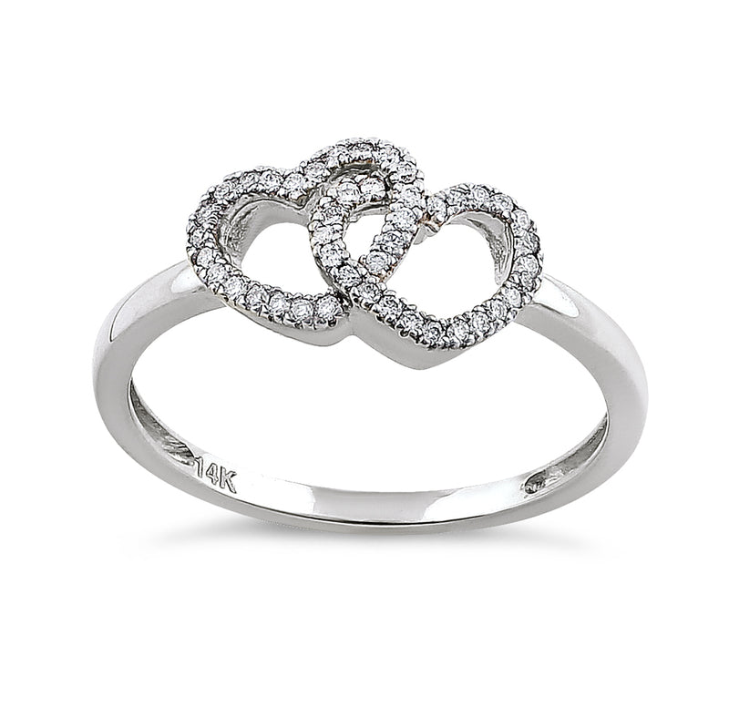 Solid 14K White Gold Double Heart 0.15 ct. Diamond Ring