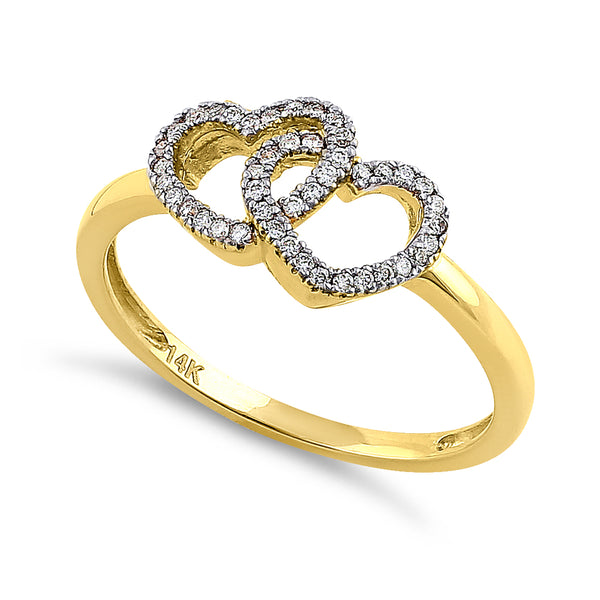 Solid 14K Yellow Gold Double Heart 0.15 ct. Diamond Ring
