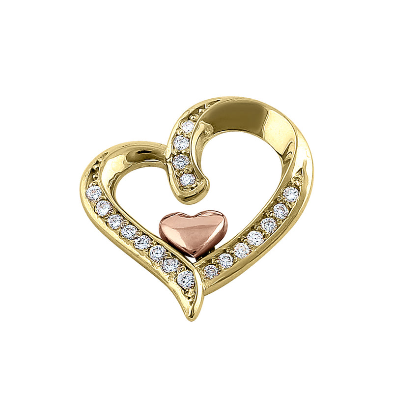 Solid 14K Yellow & Rose Gold Accent Double Heart Diamond Pendant