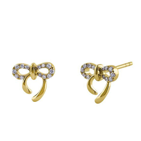 Solid 14K Yellow Gold Bow Diamond Earrings