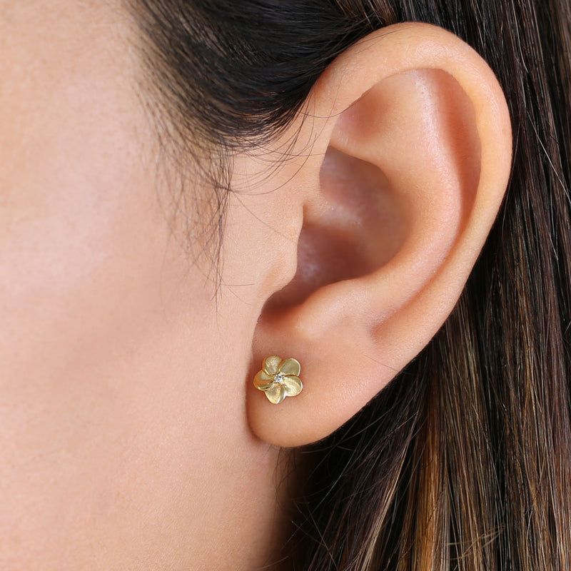 Solid 14K Gold Plumeria Diamond Earrings