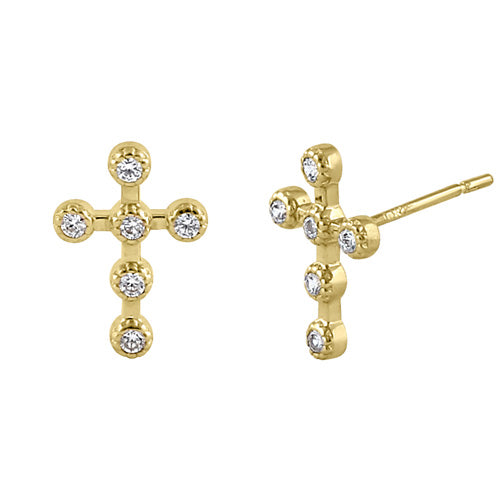 Solid 14K Gold Bead Cross Diamond Earrings