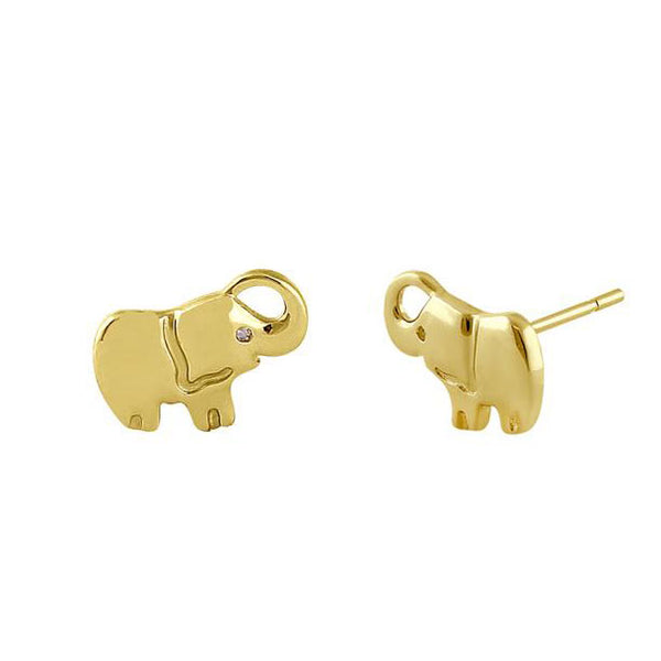 Solid 14K Yellow Gold Elephant Diamond Earrings