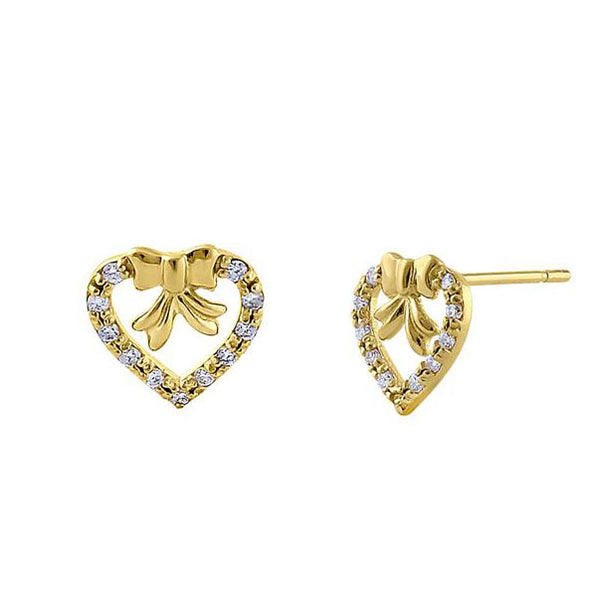 Solid 14K Yellow Gold Ribbon & Heart Diamond Earrings