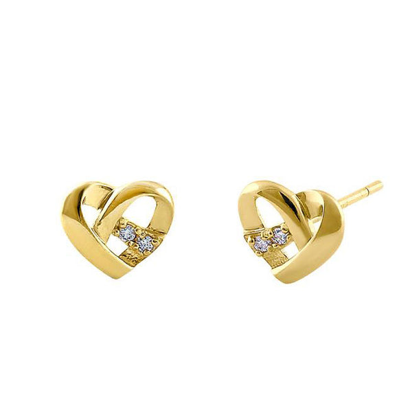 Solid 14K Yellow Gold Simple Overlap Heart Diamond Earrings