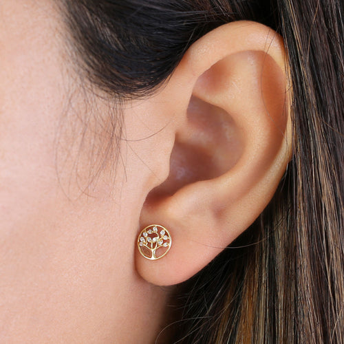 Solid 14K Yellow Gold Tree of Life Diamond Earrings